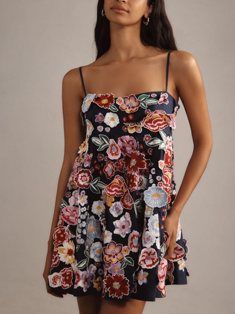 Anthropologie 3D Floral Babydoll Mini Dress Navy S